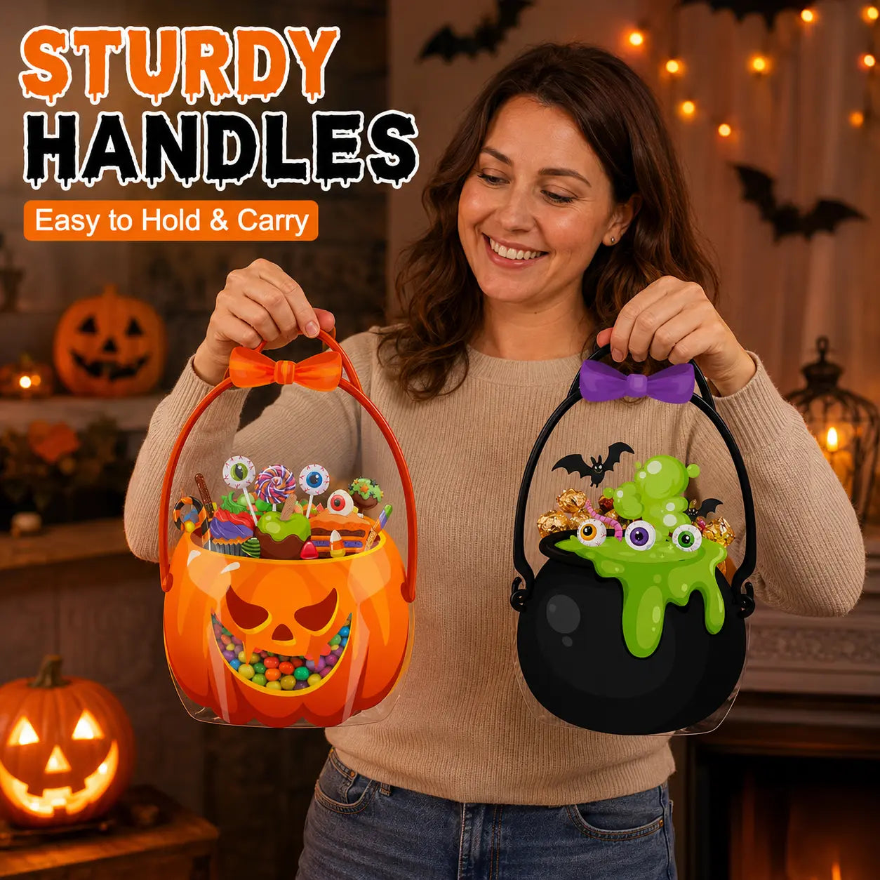 12/24/36/48/60 Pcs Halloween Plastic Goodie Bags, Trick or Treat Candy Bags, Cauldron, Skeleton, Black Cat, Skull, Pumpkin Pattern Treat Bags, Halloween Party Favor Snack Storage Bags for Classroom, Birthday, Students, Teachers, Neighbors