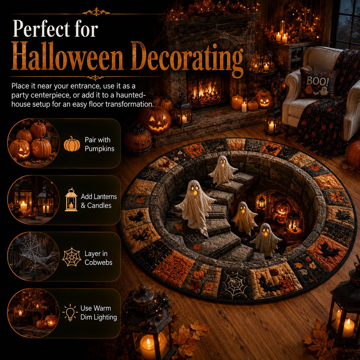 ?? 3D Haunted Staircase Round Rug ¨C Spooky Halloween Optical Illusion ??