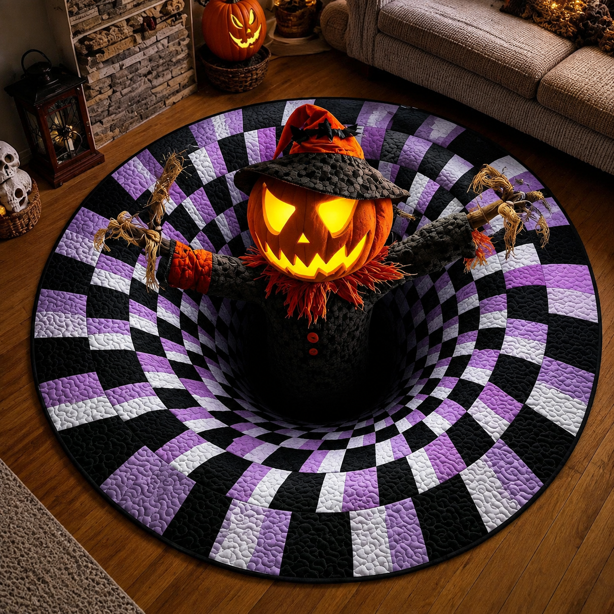 3D Skeleton Vortex Quilted Round Halloween Rug