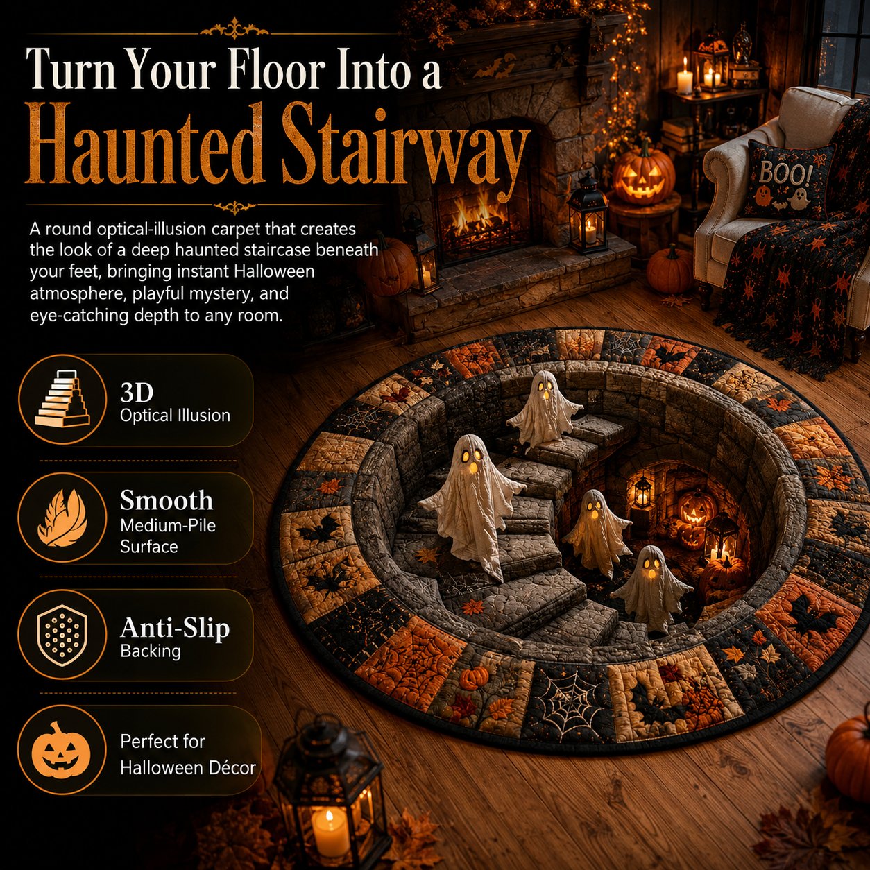 ?? 3D Haunted Staircase Round Rug ¨C Spooky Halloween Optical Illusion ??