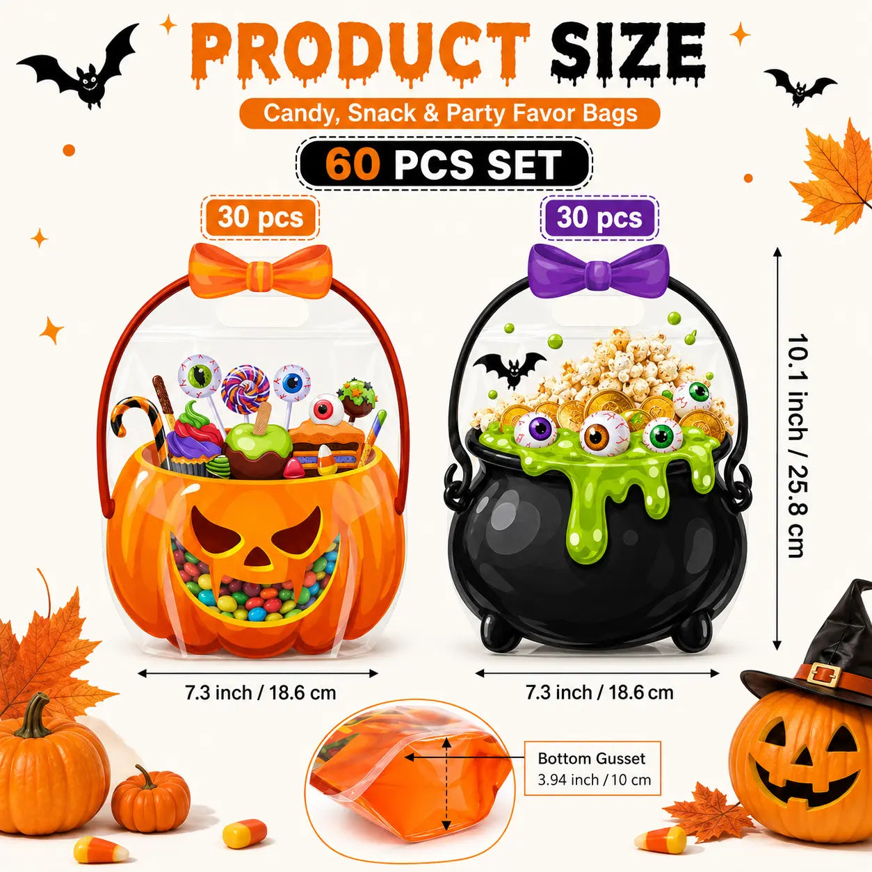 12/24/36/48/60 Pcs Halloween Plastic Goodie Bags, Trick or Treat Candy Bags, Cauldron, Skeleton, Black Cat, Skull, Pumpkin Pattern Treat Bags, Halloween Party Favor Snack Storage Bags for Classroom, Birthday, Students, Teachers, Neighbors