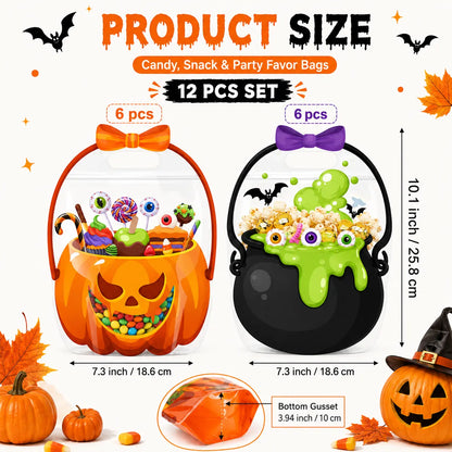 12/24/36/48/60 Pcs Halloween Plastic Goodie Bags, Trick or Treat Candy Bags, Cauldron, Skeleton, Black Cat, Skull, Pumpkin Pattern Treat Bags, Halloween Party Favor Snack Storage Bags for Classroom, Birthday, Students, Teachers, Neighbors