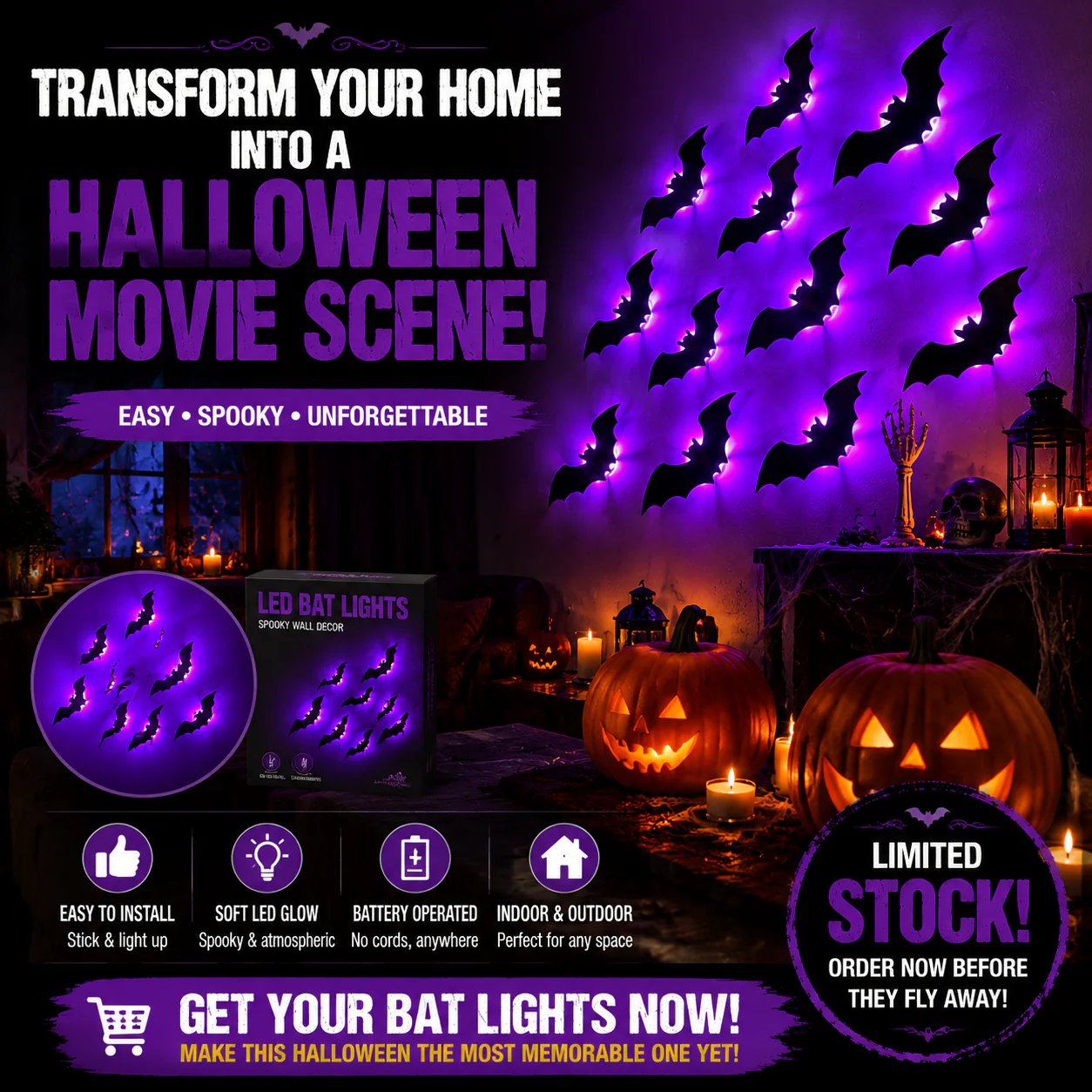 ??Halloween decorative items - 3D black bat wall stickers with LED lights