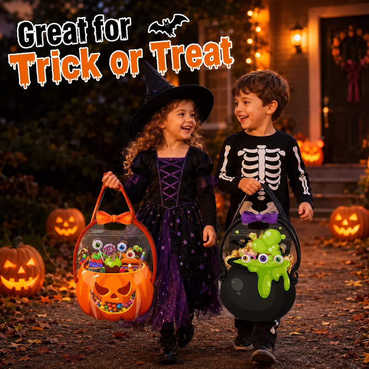 12/24/36/48/60 Pcs Halloween Plastic Goodie Bags, Trick or Treat Candy Bags, Cauldron, Skeleton, Black Cat, Skull, Pumpkin Pattern Treat Bags, Halloween Party Favor Snack Storage Bags for Classroom, Birthday, Students, Teachers, Neighbors