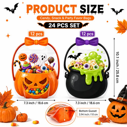 12/24/36/48/60 Pcs Halloween Plastic Goodie Bags, Trick or Treat Candy Bags, Cauldron, Skeleton, Black Cat, Skull, Pumpkin Pattern Treat Bags, Halloween Party Favor Snack Storage Bags for Classroom, Birthday, Students, Teachers, Neighbors