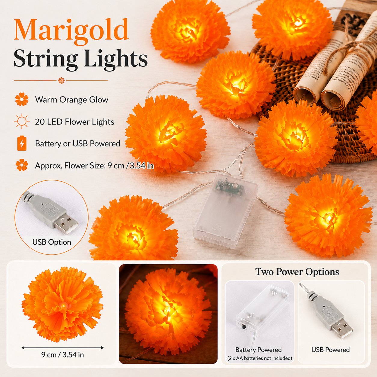 ?? 40% OFF Today ?? Orange Marigold LED String Lights ¨C Light Up Your Halloween with a Warm Floral Glow ?